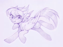 Size: 1653x1238 | Tagged: safe, artist:lispp, oc, oc only, oc:cloudy bits, species:pegasus, species:pony, female, gift art, glasses, looking at you, mare, monochrome, pencil drawing, simple background, sketch, solo, traditional art, white background