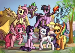 Size: 2560x1808 | Tagged: safe, artist:setharu, character:applejack, character:fluttershy, character:pinkie pie, character:rainbow dash, character:rarity, character:spike, character:starlight glimmer, character:twilight sparkle, character:twilight sparkle (alicorn), species:alicorn, species:dragon, species:earth pony, species:pegasus, species:pony, species:unicorn, chest fluff, clothing, cowboy hat, cute, cutie mark, featured on derpibooru, female, flying, grass, group photo, happy, hat, heart, lidded eyes, looking at each other, looking at you, looking back, looking down, looking up, male, mane eight, mane seven, mane six, mare, open mouth, plot, ponyville, pronking, raised hoof, raised leg, sitting, sky, smiling, smirk, spread wings, tree, underhoof, winged spike, wings