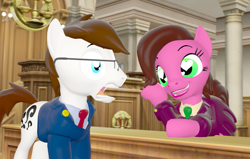 Size: 1135x720 | Tagged: safe, artist:aarondrawsarts, oc, oc:brain teaser, oc:rose bloom, 3d, ace attorney, brainbloom, caption this, clothing, courtroom, glasses, heart eyes, lawyer, open mouth, skirt, source filmmaker, suit, surprised, tumblr, wingding eyes