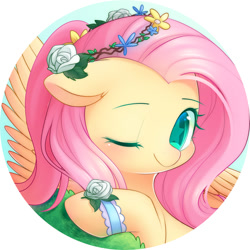 Size: 2000x2000 | Tagged: safe, artist:leafywind, character:fluttershy, species:pegasus, species:pony, blushing, bush, bust, clothing, cute, female, flower, flower in hair, looking at you, mare, one eye closed, portrait, shyabetes, smiling, solo, starry eyes, wingding eyes, wristband