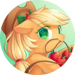 Size: 2000x2000 | Tagged: safe, artist:leafywind, character:applejack, species:earth pony, species:pony, apple, blushing, bow, bust, clothing, cute, female, food, freckles, hair bow, hat, jackabetes, looking at you, mare, mouth hold, portrait, rope, solo, starry eyes, stars, wingding eyes