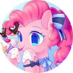 Size: 2000x2000 | Tagged: safe, artist:leafywind, character:pinkie pie, species:earth pony, species:pony, blushing, bow, bow tie, bust, chocolate, clothing, cupcake, cute, diapinkes, donut, ear piercing, female, food, frosting, hair bow, heart, licking, mare, piercing, portrait, silly, solo, sprinkles, starry eyes, stars, tongue out, wingding eyes, wristband