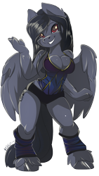 Size: 1080x1920 | Tagged: safe, artist:noben, oc, oc only, oc:octave symphony, species:anthro, species:pegasus, species:pony, species:unguligrade anthro, breasts, cleavage, female, leg warmers, looking at you, simple background, smiling, transparent background, unshorn fetlocks