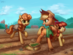 Size: 2347x1745 | Tagged: safe, artist:luciferamon, character:apple bloom, character:applejack, character:big mcintosh, character:carrot top, character:golden harvest, species:earth pony, species:pony, g4, adorabloom, bow, clothing, cloud, cowboy hat, cute, cutie top, dirty, female, field, filly, freckles, gardening, grin, hair bow, happy, hat, jackabetes, looking back, male, mare, mouth hold, open mouth, planting, raised hoof, running, sky, smiling, squee, stallion, stetson, sweet apple acres, towel, trowel, underhoof