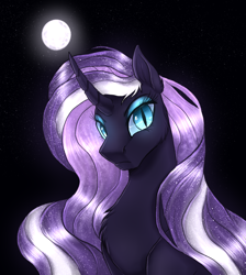 Size: 948x1058 | Tagged: safe, artist:not-ordinary-pony, derpibooru original, character:nightmare rarity, character:rarity, species:pony, species:unicorn, female, looking at you, mare, moon, nightmarified, solo, stars