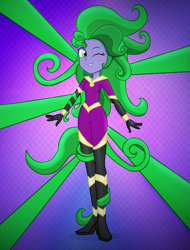 Size: 2199x2886 | Tagged: safe, artist:invisibleink, character:mane-iac, equestria girls:movie magic, g4, my little pony: equestria girls, my little pony:equestria girls, boots, clothing, commission, equestria girls-ified, female, gloves, long hair, one eye closed, shoes, solo, wink