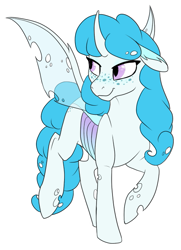 Size: 497x686 | Tagged: safe, artist:mythpony, oc, species:changeling, species:reformed changeling, albino changeling, blue changeling, changedling oc, changeling oc, female, freckles, simple background, solo, white background, white changeling