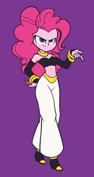 Size: 1700x3200 | Tagged: safe, artist:khuzang, character:pinkie pie, my little pony:equestria girls, >:), android, android 21, belly button, belt, bracelet, clothing, cosplay, costume, djinn, dragon ball fighterz, evil grin, female, genie, jewelry, majin, majin android 21, midriff, necklace, pants, purple background, shoes, simple background, smiling, smirk, solo
