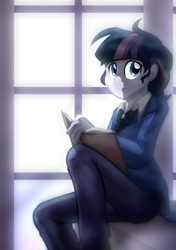 Size: 2400x3400 | Tagged: safe, artist:geraritydevillefort, character:twilight sparkle, my little pony:equestria girls, book, clothing, female, looking at you, mondego, monsparkle, musical, pants, sitting, smiling, solo, the count of monte cristo, the count of monte rainbow, window