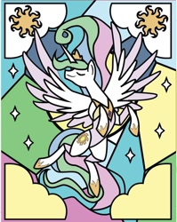 Size: 955x1200 | Tagged: safe, artist:the-paper-pony, character:princess celestia, species:alicorn, species:pony, beautiful, female, mare, meta, solo, spread wings, stained glass, stained glass designs, stars, sun, twitter, wings