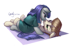 Size: 2000x1300 | Tagged: safe, artist:luciferamon, character:maud pie, character:mudbriar, species:earth pony, species:pony, ship:maudbriar, blushing, clothing, cute, dawwww, female, licking, lying down, male, mare, shipping, signature, stallion, straight, tongue out