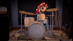 Size: 3840x2160 | Tagged: safe, artist:imafutureguitarhero, derpibooru original, character:sunset shimmer, species:anthro, species:plantigrade anthro, species:pony, species:unicorn, 3d, amplifier, animated, camera, carpet, clothing, drum kit, drumming, drums, drumsticks, feet, female, headphones, high res, jeans, led zeppelin, loop, mare, multicolored hair, multiple angles, musical instrument, overhead view, pants, shoes, solo, sound, source filmmaker, speakers, studio, sweater, tripod, webm