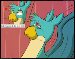 Size: 2350x1850 | Tagged: safe, artist:flash_draw, character:gallus, character:sandbar, species:earth pony, species:griffon, species:pony, comic:boring days, ship:gallbar, comic, cute, dialogue, explicit series, gallabetes, gay, heart, interspecies, male, nervous, nudity, offscreen character, shipping, sitting, text