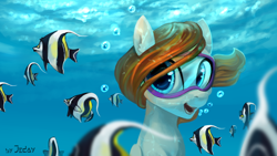 Size: 1920x1080 | Tagged: safe, artist:jedayskayvoker, oc, oc only, oc:sky chase, species:pegasus, species:pony, commission, female, fish, goggles, mare, open mouth, smiling, solo, swimming goggles, underwater, ych result