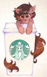 Size: 800x1303 | Tagged: safe, artist:lispp, oc, oc only, species:earth pony, species:pony, chest fluff, coffee, coffee cup, cup, ear fluff, freckles, marker drawing, simple background, solo, starbucks, tiny ponies, traditional art, white background