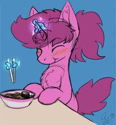 Size: 722x776 | Tagged: safe, artist:aurorafang, oc, oc only, oc:aurorafang, species:pony, species:unicorn, blue background, blushing, bowl, chest fluff, chopsticks, eating, food, male, noodles, ramen, simple background, solo, stallion, sushi, table