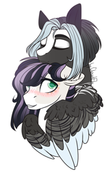 Size: 855x1355 | Tagged: safe, artist:cloud-fly, oc, oc only, species:pegasus, species:pony, blushing, bust, female, hug, mare, portrait, simple background, transparent background, winghug