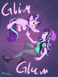 Size: 3600x4800 | Tagged: safe, artist:eifiechan, character:starlight glimmer, species:pony, species:unicorn, my little pony:equestria girls, 2018, beanie, clothing, cute, duo, female, galacon, galacon 2018, glim glam, glimmerbetes, hat, human ponidox, looking at each other, mare, open mouth, pants, ponidox, print, ripped pants, self paradox, self ponidox, shirt, smiling