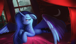 Size: 4000x2350 | Tagged: safe, artist:auroriia, character:pinkie pie, character:princess luna, species:alicorn, species:pony, :<, alternate hairstyle, bed, bedroom, big wings, curved horn, cute, drapes, female, floppy ears, lidded eyes, looking away, lunabetes, mare, missing accessory, one eye closed, prone, redraw, silhouette, solo focus, spread wings, tired, window, wings, wink
