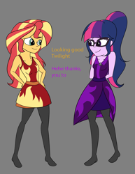 Size: 2550x3300 | Tagged: safe, artist:diaperednight, character:sunset shimmer, character:twilight sparkle, character:twilight sparkle (scitwi), species:eqg human, species:human, ship:scitwishimmer, ship:sunsetsparkle, my little pony:equestria girls, arm behind back, clothing, dress, duo, female, glasses, pantyhose, ponytail, shipping, simple background, smiling