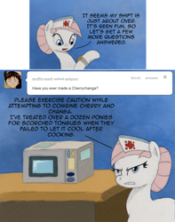 Size: 1200x1520 | Tagged: safe, artist:hewison, character:nurse redheart, species:pony, ask pun, ask, female, microwave, solo, watch, wristwatch