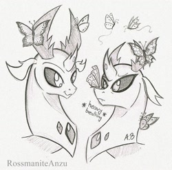 Size: 1437x1419 | Tagged: safe, artist:rossmaniteanzu, character:pharynx, character:prince pharynx, character:thorax, species:changeling, species:reformed changeling, butterfly, changedling brothers, cute, descriptive noise, gray background, grayscale, heavy breathing, male, monochrome, pharybetes, scared, simple background, sketch, thorabetes, traditional art