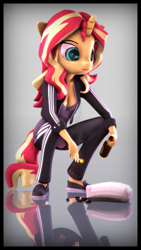 Size: 2160x3840 | Tagged: safe, artist:imafutureguitarhero, character:sunset shimmer, species:anthro, species:plantigrade anthro, species:pony, species:unicorn, my little pony:equestria girls, 3d, adidas, alcohol, bag, beer, border, breasts, chromatic aberration, cigarette, cigarette smoke, cleavage, clothing, dress, female, film grain, floppy ears, freckles, gopnik, high res, horn, jacket, looking down, mare, multicolored hair, pants, reflection, seeds, shoes, slav, smoke, solo, source filmmaker, squatting, tail, tracksuit, vertical