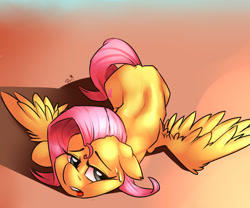 Size: 1200x1000 | Tagged: safe, artist:passigcamel, character:fluttershy, species:pegasus, species:pony, dock, female, floppy ears, hot, mare, misleading thumbnail, solo, spread wings, sweat, tired, wings