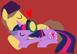 Size: 500x354 | Tagged: safe, artist:ghost, character:caramel, character:twilight sparkle, species:earth pony, species:pony, species:unicorn, ship:caralight, beanie, clothing, cuddling, cute, earmuffs, eyes closed, female, hat, heart, male, prone, red background, scarf, shipping, simple background, sleeping, smiling, straight