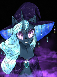 Size: 802x1080 | Tagged: safe, artist:not-ordinary-pony, derpibooru original, character:trixie, species:pony, species:unicorn, cape, clothing, corrupted, female, fog, hat, looking at you, mare, nightmare trixie, nightmarified, smiling, smirk, solo, witch hat