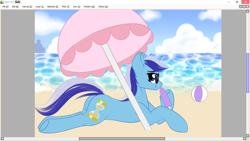Size: 1024x576 | Tagged: safe, artist:xcinnamon-twistx, character:minuette, species:pony, ball, beach, commission, example, female, food, ice cream, mare, my little pony, ocean, rest, sunglasses, tongue out, umbrella, water, ych example, your character here