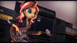 Size: 9600x5400 | Tagged: safe, artist:imafutureguitarhero, character:sunset shimmer, species:anthro, species:plantigrade anthro, species:pony, species:unicorn, my little pony:equestria girls, 3d, absurd file size, absurd resolution, adidas, amplifier, bass guitar, black bars, chromatic aberration, clothing, colored pupils, female, film grain, freckles, guitar, headphones, jacket, mare, microphone, microphone stand, musical instrument, nose wrinkle, open mouth, pants, playing instrument, rickenbacker, signature, solo, source filmmaker, speaker, studio, tracksuit