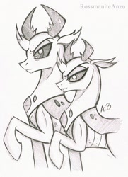 Size: 1422x1964 | Tagged: safe, artist:rossmaniteanzu, character:pharynx, character:prince pharynx, character:thorax, species:changeling, species:reformed changeling, brothers, changedling brothers, duo, gray background, grayscale, male, monochrome, pencil drawing, raised hoof, simple background, sketch, traditional art