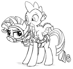 Size: 821x786 | Tagged: safe, artist:stinkehund, character:rarity, character:spike, ship:sparity, black and white, bridle, female, grayscale, lineart, male, monochrome, riding, saddle, shipping, straight
