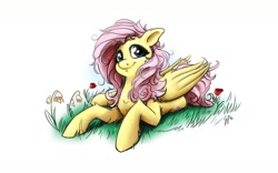 Size: 1440x900 | Tagged: safe, artist:glancojusticar, character:fluttershy, species:pegasus, species:pony, female, flower, mare, messy mane, prone, simple background, smiling, solo, white background