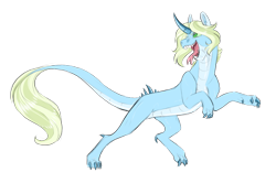 Size: 900x597 | Tagged: safe, artist:vindhov, oc, oc only, parent:spike, parent:trixie, species:dracony, commission, crack ship offspring, forked tongue, hybrid, interspecies offspring, offspring, open mouth, parents:spixie, rearing, simple background, solo, tongue out, transparent background