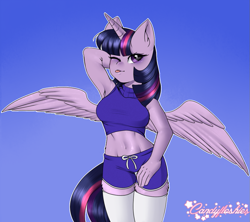 Size: 1029x913 | Tagged: safe, artist:kei kun, character:twilight sparkle, character:twilight sparkle (alicorn), species:alicorn, species:anthro, species:pony, adorasexy, arm behind head, armpits, belly button, clothing, cute, female, gym uniform, midriff, one eye closed, sexy, solo, stockings, thigh highs, tongue out, wings, wink
