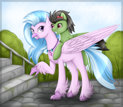 Size: 2300x2000 | Tagged: safe, artist:renaphin, character:silverstream, oc, species:classical hippogriff, species:hippogriff, species:pegasus, species:pony, canon x oc, commission, duo, female, looking at each other, mare, nature, pointing, ponies riding hippogriffs, riding, stairs, that hippogriff sure does love stairs