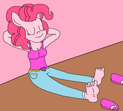 Size: 864x776 | Tagged: source needed, safe, artist:logan jones, character:pinkie pie, species:anthro, barefoot, clothing, cute, feet, female, flip-flops, jeans, pants, relaxing, resting, sandals, soles, toes, wiggling toes