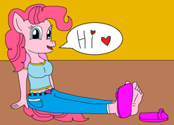 Size: 1014x732 | Tagged: safe, artist:logan jones, character:pinkie pie, species:anthro, species:human, barefoot, clothing, cute, dialogue, feet, flip-flops, happy, heart, jeans, one shoe off, pants, sandals, soles, speech bubble, toes