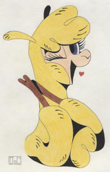 Size: 1966x3078 | Tagged: safe, artist:ogaraorcynder, community related, character:paprika paca, species:alpaca, them's fightin' herds, bust, cloven hooves, colored pencil drawing, female, heart, looking at you, open mouth, simple background, smiling, solo, traditional art