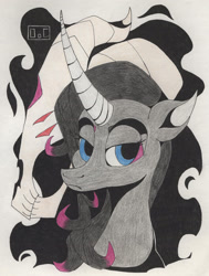 Size: 2294x3038 | Tagged: safe, artist:ogaraorcynder, community related, character:fhtng th§ ¿nsp§kbl, character:oleander, species:pony, species:unicorn, them's fightin' herds, bust, demon, female, male, simple background, solo, traditional art, unamused