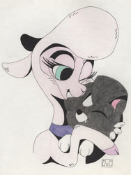 Size: 2350x3118 | Tagged: safe, artist:ogaraorcynder, community related, character:pom lamb, species:dog, species:sheep, them's fightin' herds, bust, colored pencil drawing, female, hug, lamb, one eye closed, oven hooves, simple background, smiling, traditional art, white background