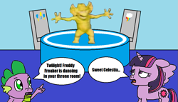 Size: 967x553 | Tagged: safe, artist:logan jones, character:spike, character:twilight sparkle, character:twilight sparkle (alicorn), species:alicorn, species:dragon, species:pony, dancing, dialogue, family guy, freddie freaker, map of equestria, oneyplays, speech bubble, throne room, upset