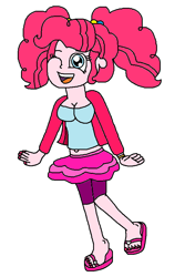 Size: 598x896 | Tagged: safe, artist:logan jones, character:pinkie pie, my little pony:equestria girls, alternate costumes, alternate hairstyle, belly button, bracelet, braid, clothing, compression shorts, cute, feet, flip-flops, jacket, jewelry, nail polish, one eye closed, one leg raised, pigtails, sandals, skirt, toenail polish, toes, wink