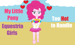 Size: 1306x784 | Tagged: safe, artist:logan jones, character:pinkie pie, episode:too hot to handle, g4, my little pony: equestria girls, my little pony:equestria girls, barefoot, beach, clothing, cute, feet, female, heart, sand, shaved ice, soles, solo, swimsuit, toes, walking, walking towards you