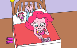 Size: 1135x706 | Tagged: safe, artist:logan jones, character:pinkie pie, species:human, my little pony:equestria girls, barefoot, bed, bedroom, blushing, clothing, crush, diary, feet, female, flip-flops, jeans, pants, pencil, plushie, sandals, soles, solo, toes, writing