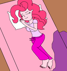 Size: 714x752 | Tagged: safe, artist:logan jones, character:pinkie pie, my little pony:equestria girls, barefoot, bed, blanket, clothing, feet, female, nail polish, pajamas, pillow, resting, sleeping, solo, toes