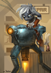 Size: 1400x2000 | Tagged: safe, artist:jedayskayvoker, oc, oc only, oc:artemis, species:hippogriff, fallout equestria, clothing, female, hybrid, jumpsuit, mister handy, nuka cola, repair, repair bay, repairing, robot, solo, wrench