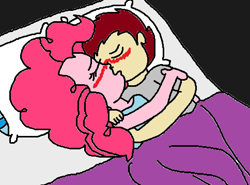 Size: 484x358 | Tagged: safe, artist:logan jones, character:pinkie pie, oc, oc:logan berry, my little pony:equestria girls, bed, blanket, blushing, clothing, female, hug, kissing, loganpie, making out, male, ms paint, pajamas, pillow, straight